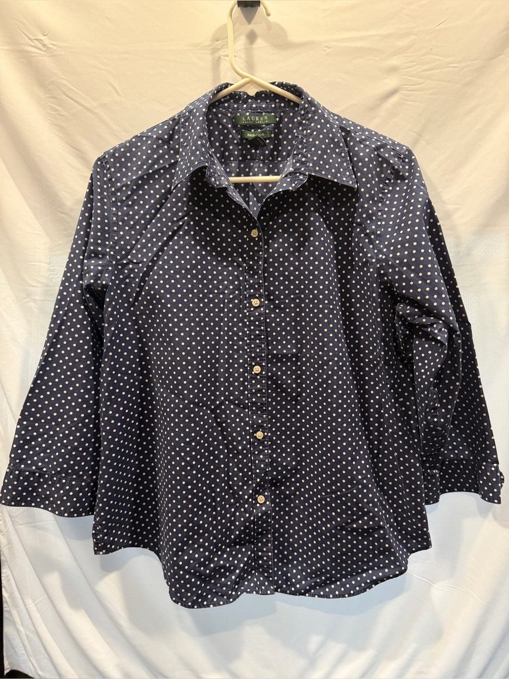 Lauren Ralph Lauren Navy White Polka Dot Non-Iron Button Up Shirt Women’s Large